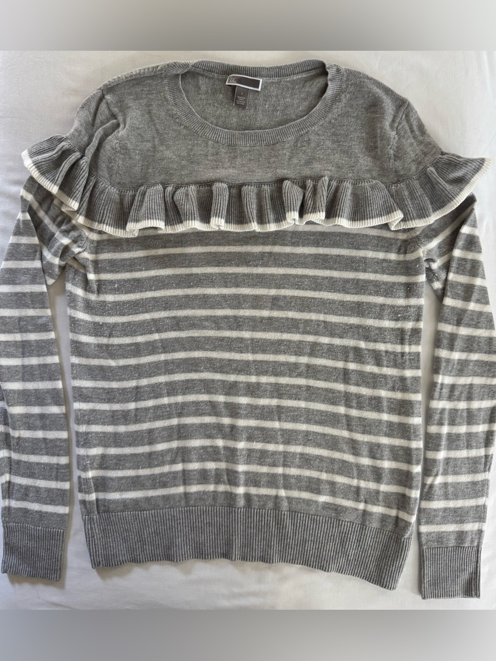 Chelsea28 Striped Sweater with Ruffle Trim, Gray and Cream